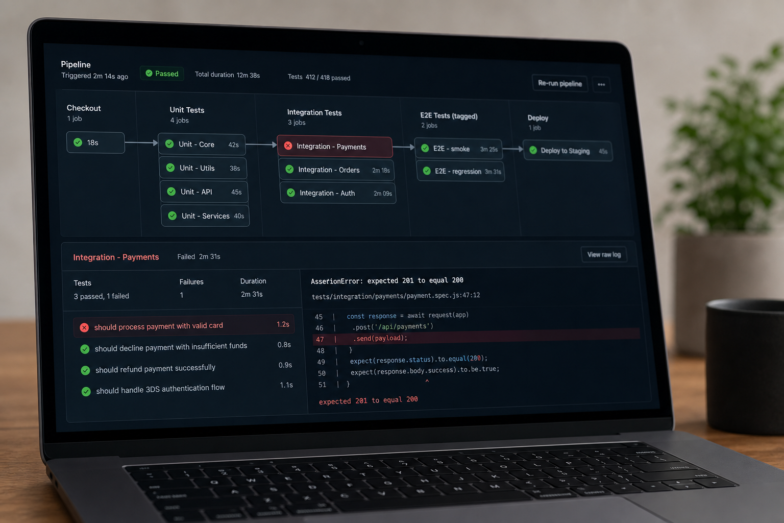 A CI/CD dashboard close-up — a real-looking pipeline view showing parallel test jobs (unit, integration, e2e tagged), most green, one integration job red and expanded to show a failure detail. Clean, technical, no human in frame.