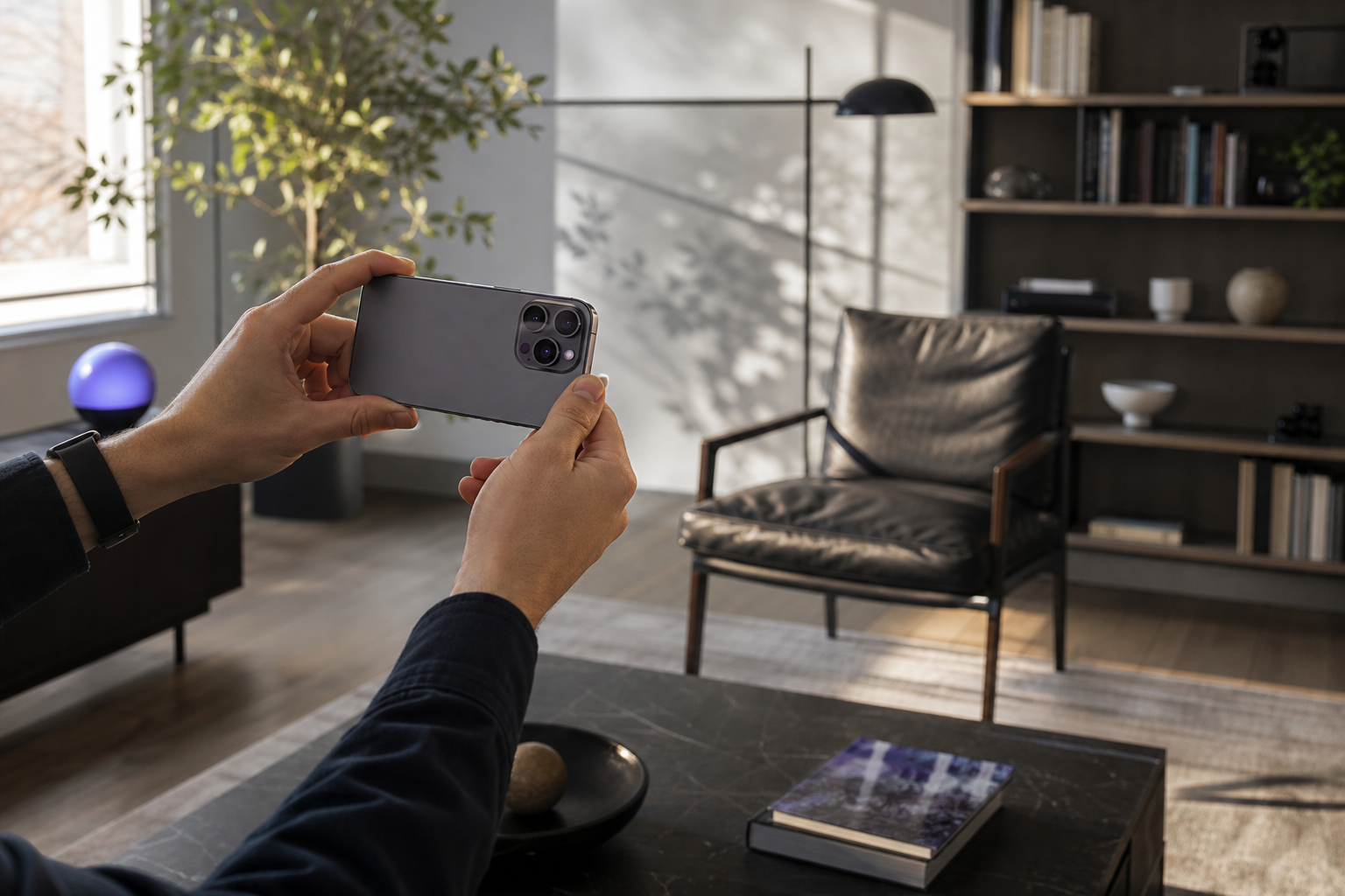 Hands holding an iPhone 13 Pro mid-scan in a sunlit modern living room; the device is angled toward a leather armchair and bookshelf; faint LiDAR sensor visible on rear camera array. Caption: "Voxelio's Pose+Video mode captures HEVC video plus a