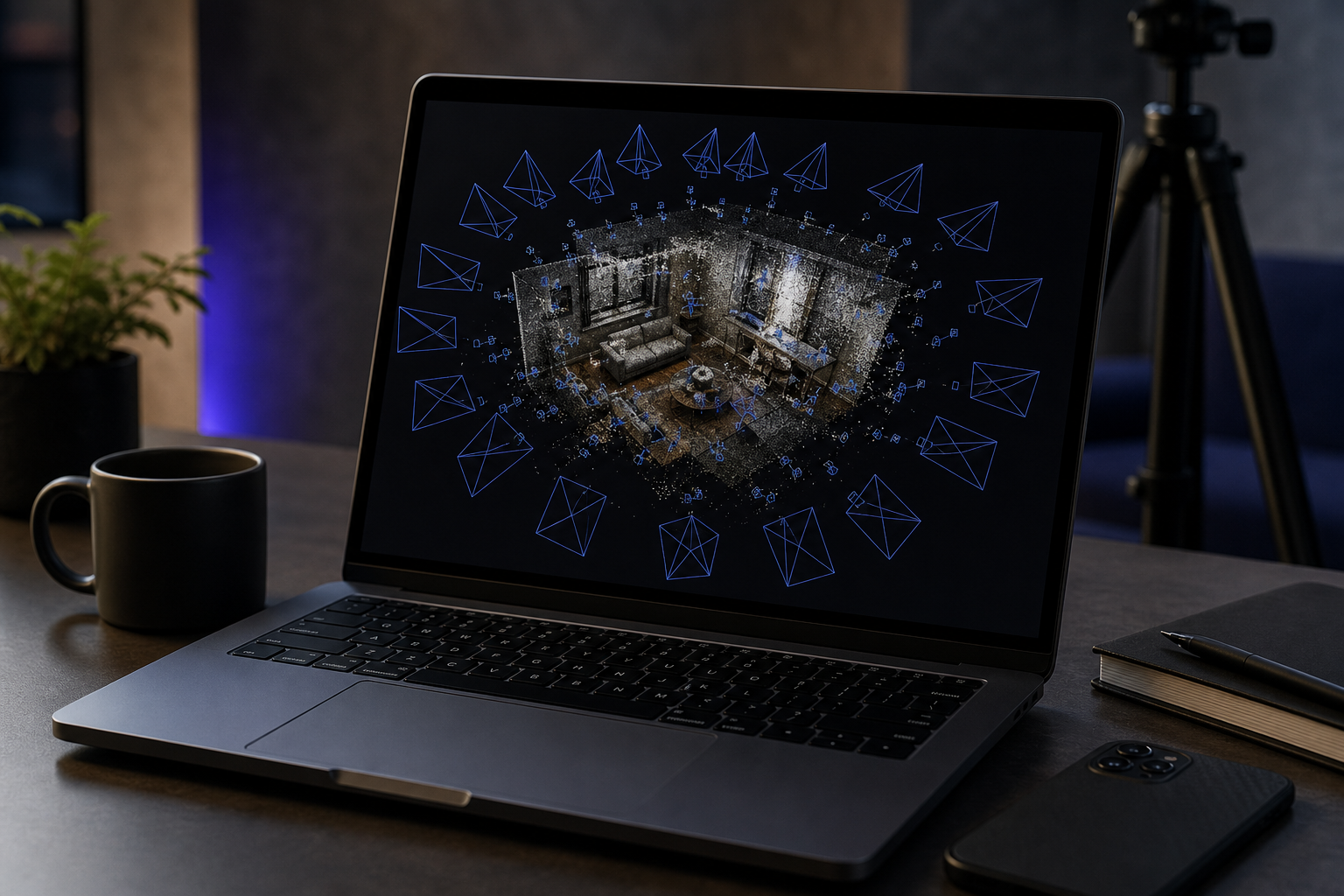 Laptop screen displaying a Nerfstudio viewer with reconstructed point cloud and visible blue camera frustums plotted around the scene. Caption: "Validated poses render as camera frustums in Nerfstudio's viewer — visual confirmation before launch