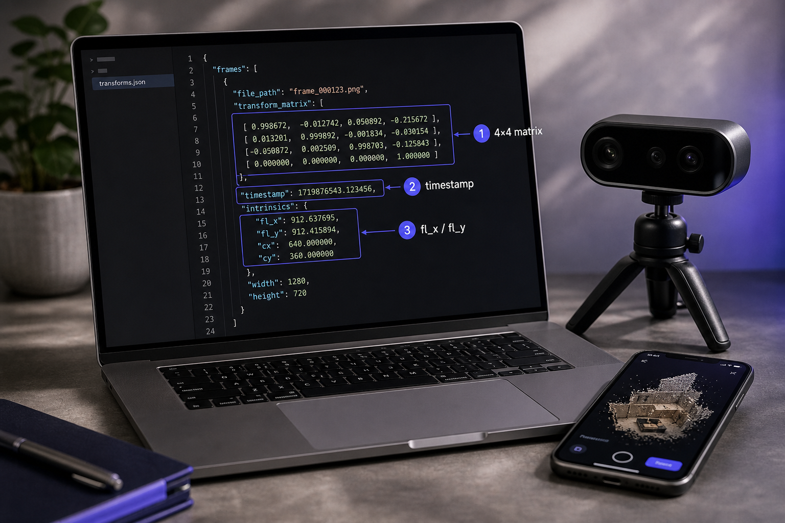 Annotated screenshot of a code editor (VS Code) showing a transforms.json file open with one expanded pose entry; callout arrows point to (1) the 4×4 matrix block, (2) the timestamp field, (3) the fl_x / fl_y intrinsics. Caption: "A valid pose e