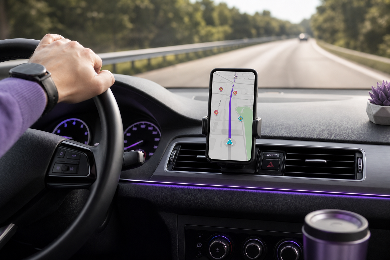 A smartphone mounted on a car dashboard displaying the Waze app's navigation screen during daytime driving, with the driver's hand visible on the steering wheel. Shot at slight overhead angle to show both the screen and road ahead through the windshi