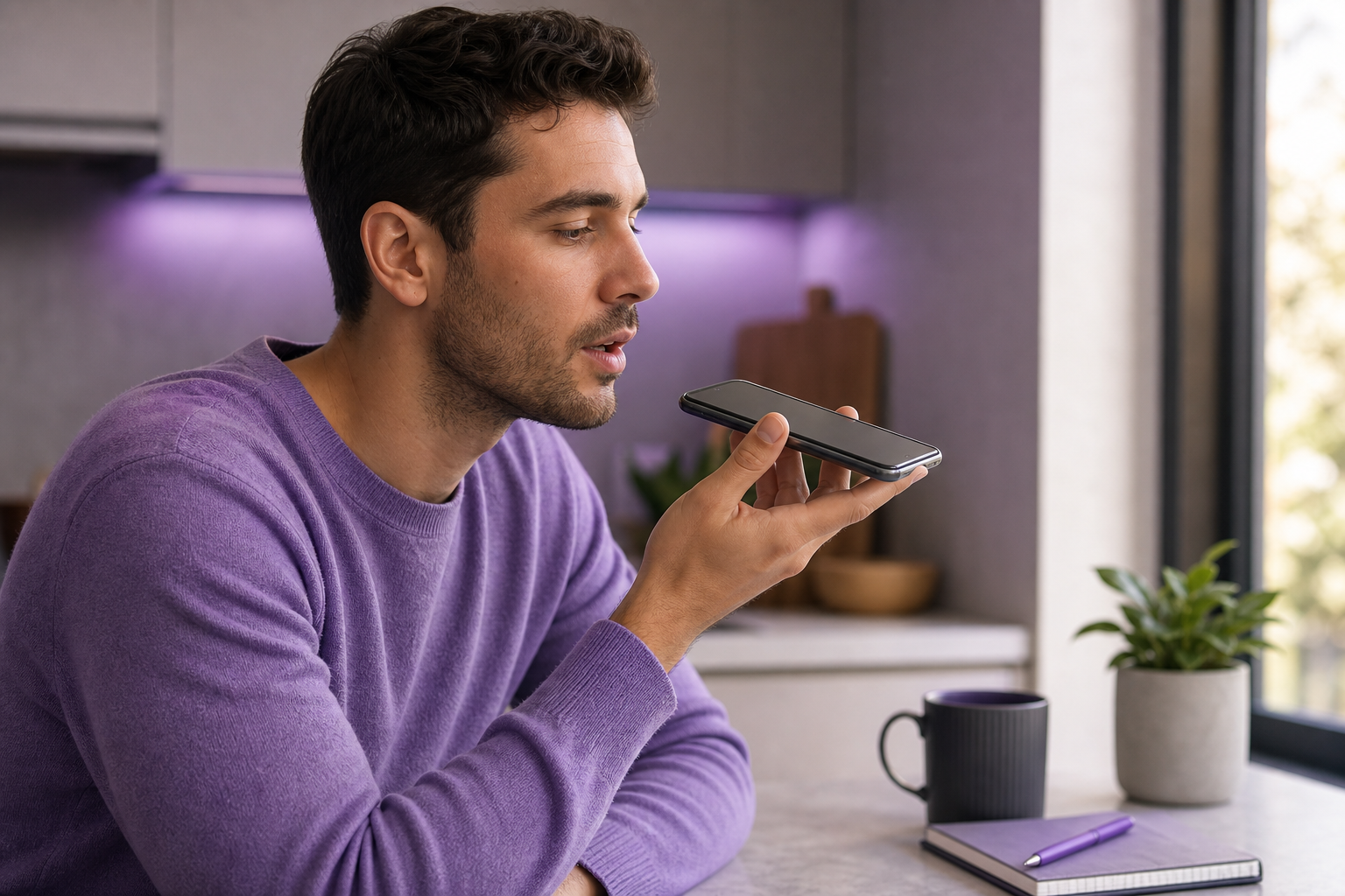 A person holding a smartphone close to their face in a quiet home environment (kitchen counter or desk), clearly speaking into the device — illustrative of someone recording prompts. Soft natural lighting; phone screen angled slightly toward camera.