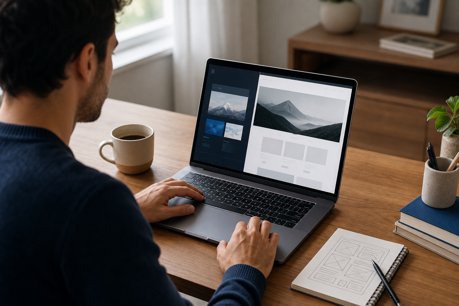 Founder at a clean wooden desk, laptop open showing a half-finished homepage mockup on the right half of the screen and a pitch deck slide on the left half. Coffee cup, a small notebook with a wireframe sketch, soft natural window light from the left
