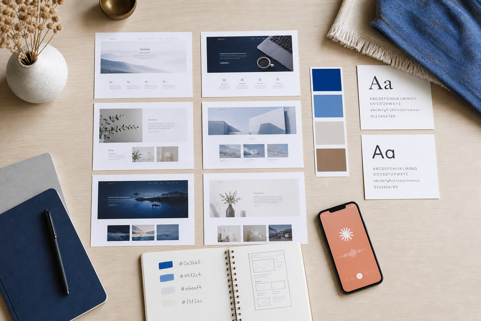 Overhead flat-lay of a design mood board: 6 printed website screenshots arranged in a grid, 4 color swatch chips in cool blues and warm neutrals, two font specimen cards, a notebook with hex codes handwritten, and a phone showing the Claude app. Shot