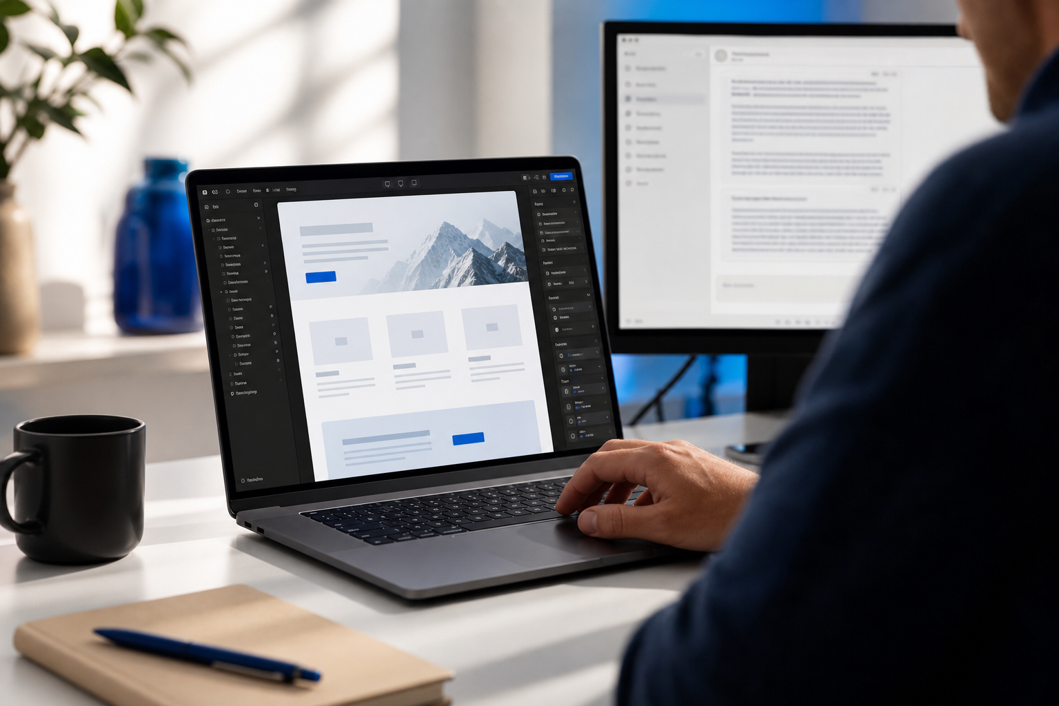 Laptop screen showing a Framer or Webflow editor with a scaffolded homepage in progress — visible hero section with placeholder text, three feature columns, and a CTA block. Designer's hand on trackpad, second monitor in background with a Claude wind