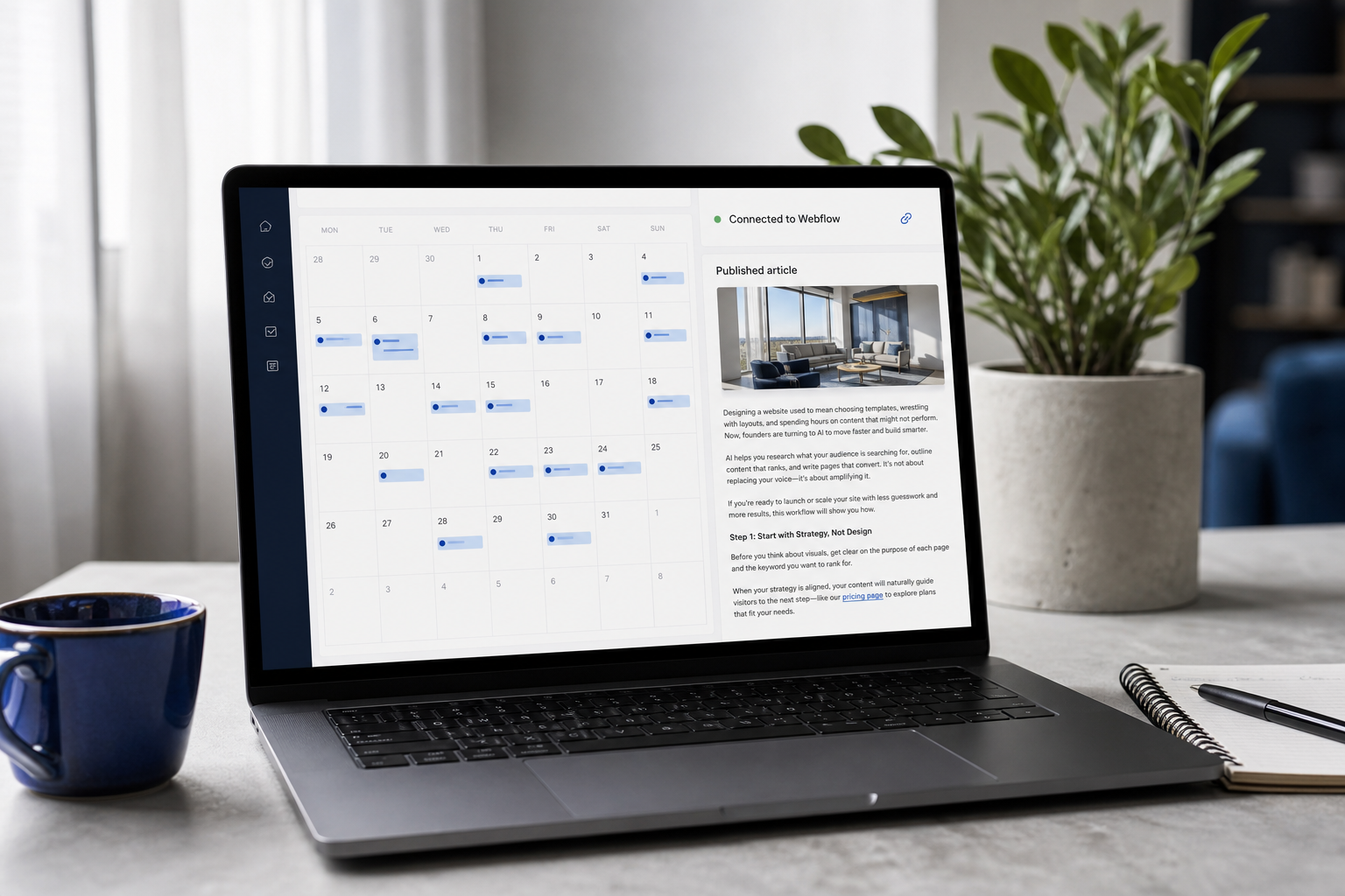 Laptop screen showing a content dashboard: a calendar view with scheduled blog posts across the next 30 days, a sidebar showing 'connected to Webflow,' and a published article preview with highlighted internal links to a pricing page. Clean office se