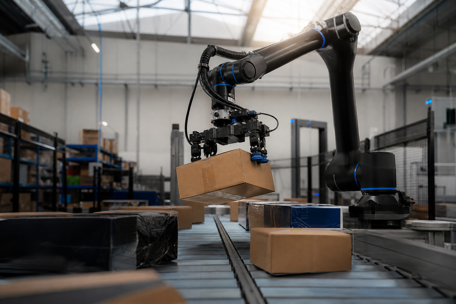 Industrial robot manipulator mid-grasp on a conveyor with mixed-SKU boxes, varied lighting (mix of warehouse fluorescent and skylight glare), one box visibly tilted or slipping. Wide angle, slight low perspective to emphasize scale. Caption: Real-wor