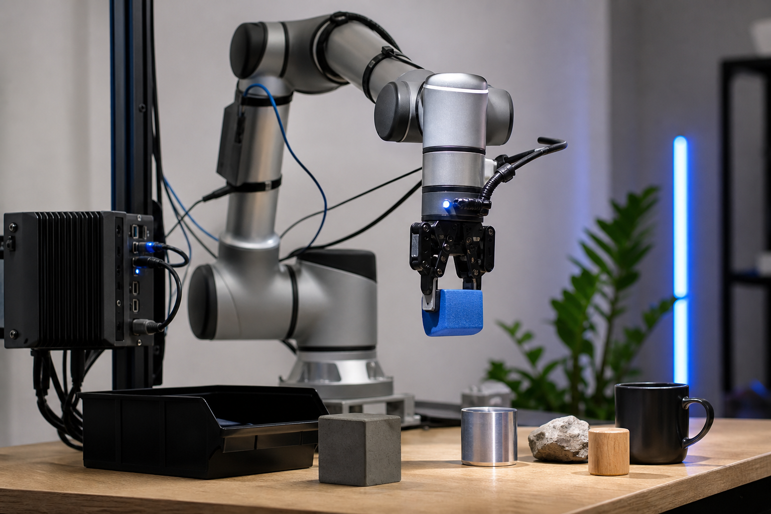 A robot manipulator (Franka- or UR-style arm) handling a variety of object types on a workbench, with visible sensor cabling and an edge compute box mounted nearby. Mid-action shot, slight depth-of-field on the gripper. Caption: Adaptation runs at th