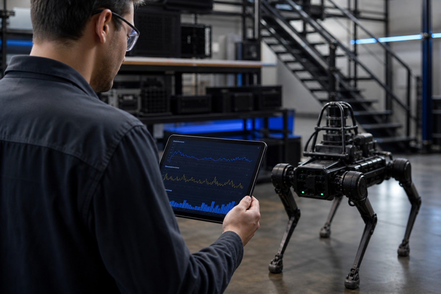 A technician (not in lab coat — in normal workwear) monitoring a tablet displaying telemetry graphs (confidence score, fallback rate) next to a working robot. Industrial setting, not a lab. Caption: Adaptive deployment is a telemetry discipline — sta
