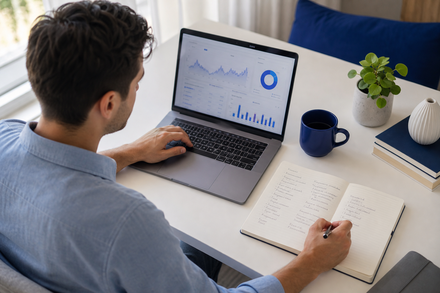 A solopreneur at a clean desk with a laptop open to an analytics dashboard, a notebook with handwritten keyword notes beside it, soft natural window light from the left. Shot from a slight overhead angle to show both screen and desk surface. Conveys 