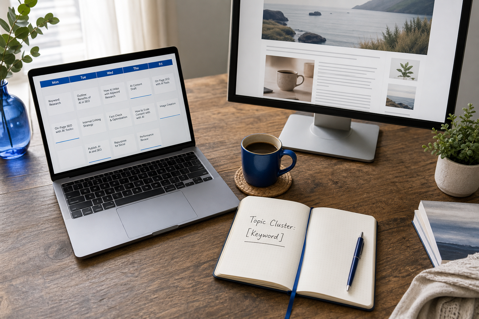 A clean overhead shot of a workspace showing a laptop with a content calendar visible on screen, a coffee cup, a small notebook open to a page reading "Topic Cluster: [keyword]," and a second monitor showing a published blog post. Conveys t