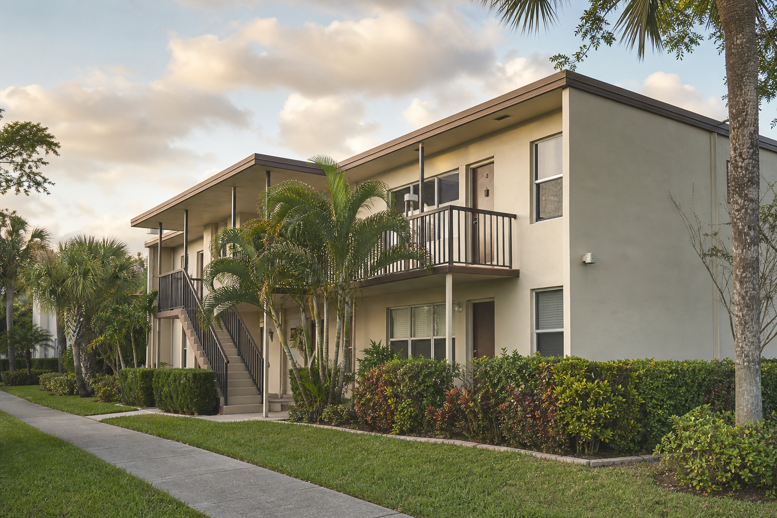 Exterior of a 4-unit to 8-unit walkup multi-family building in late-afternoon daylight, two-story stucco or brick construction typical of South Florida. Shot at slight upward angle from the sidewalk, balconies visible, clean landscaping, no people in