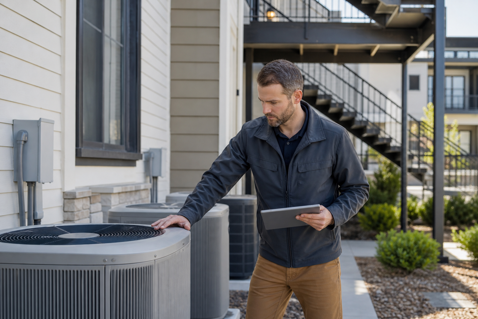 Mid-shot of a property inspector in work clothes examining an exterior HVAC condenser unit at a multi-family building. Clipboard or tablet visible. Mid-day light. Conveys professional thoroughness, not staged stock photography feel.