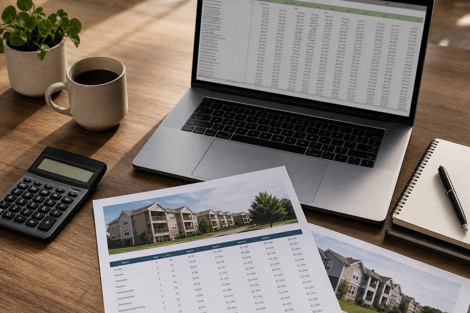 Overhead-angle shot of a desk with a laptop screen showing a spreadsheet (numbers visible but not legible), a printed property listing or rent roll, a calculator, and a coffee mug. No person in frame. Conveys the working-investor mode the section dem