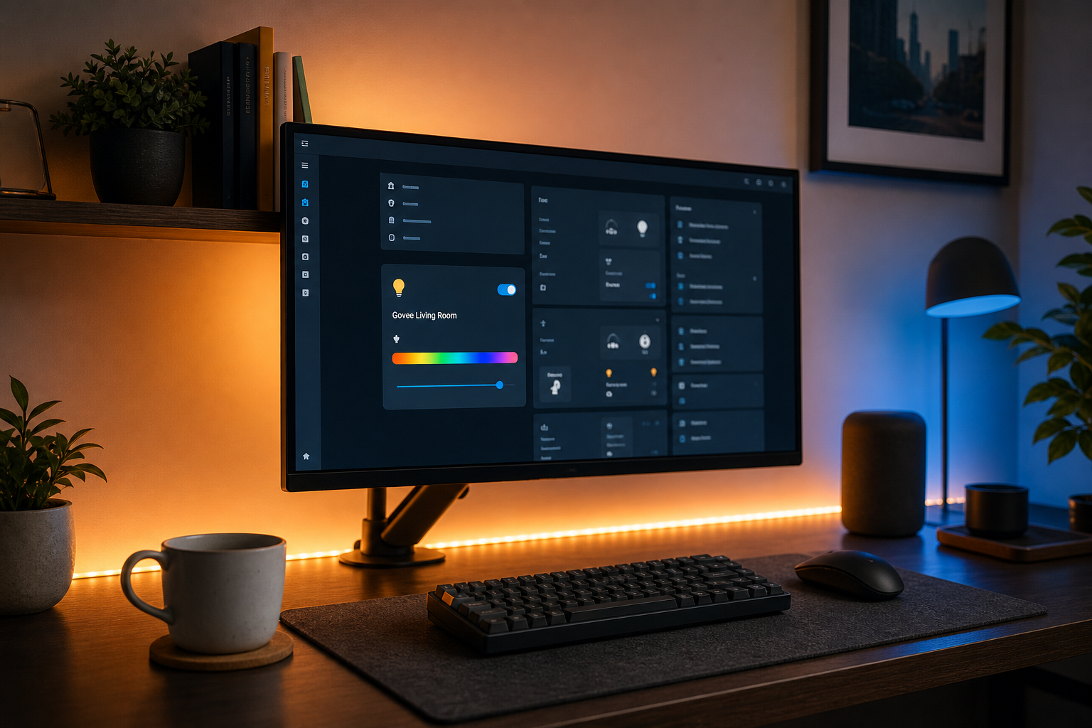 Hero shot β a Govee LED strip light glowing behind a desk-mounted monitor, with a Home Assistant dashboard visible on screen showing a "Govee Living Room" entity card. Angle: 3/4 view, warm tones, no Govee app visible on any phone in frame.