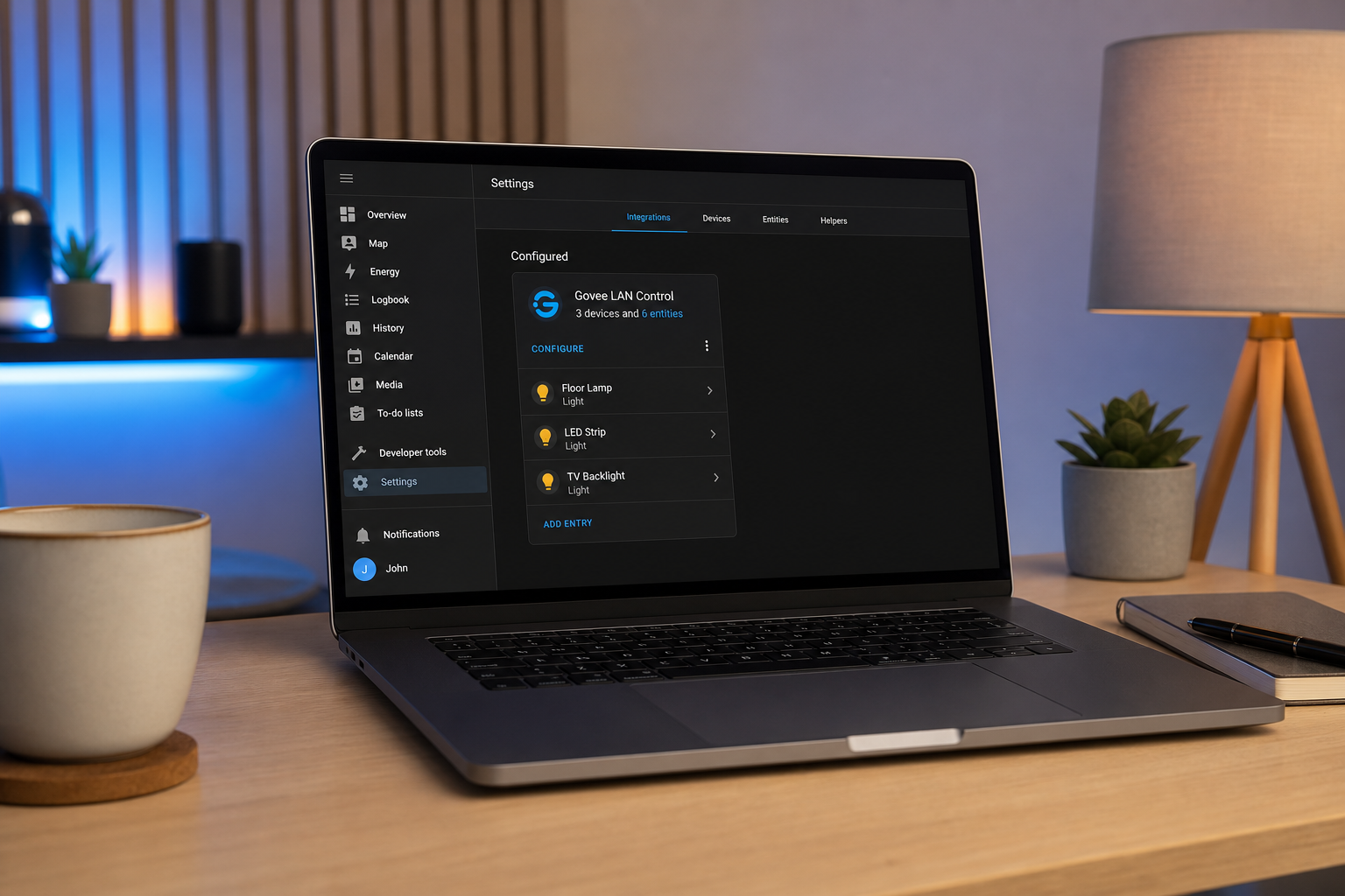 Home Assistant Settings β Devices & Services screen showing a successfully configured "Govee LAN Control" integration tile with 3+ discovered Govee light entities listed underneath. Clean screenshot.