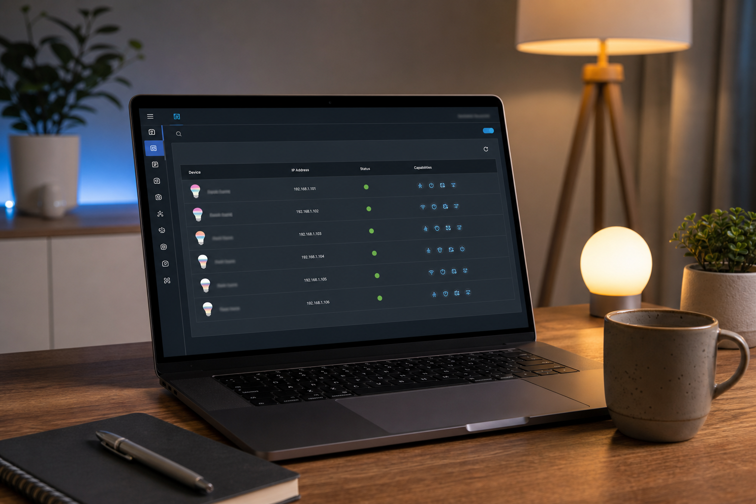 Screenshot of the govee2mqtt add-on web UI showing a list of detected Govee devices with their LAN IPs and status indicators.