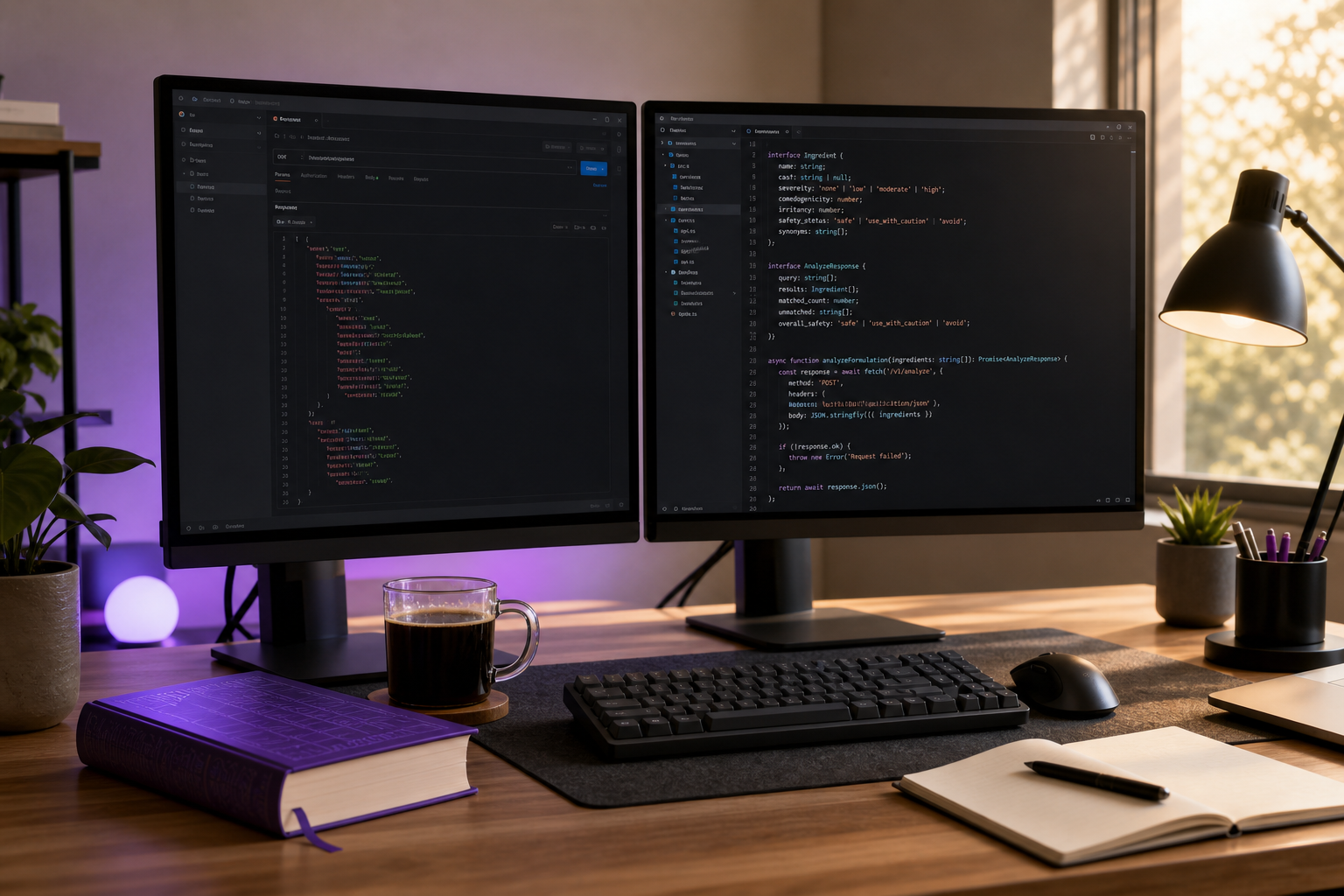 Wide-angle shot of a developer's dual-monitor desk — left monitor shows a Postman window with a JSON response visible, right monitor shows a code editor with TypeScript open. A physical reference book (suggesting the ICID Handbook) sits closed beside