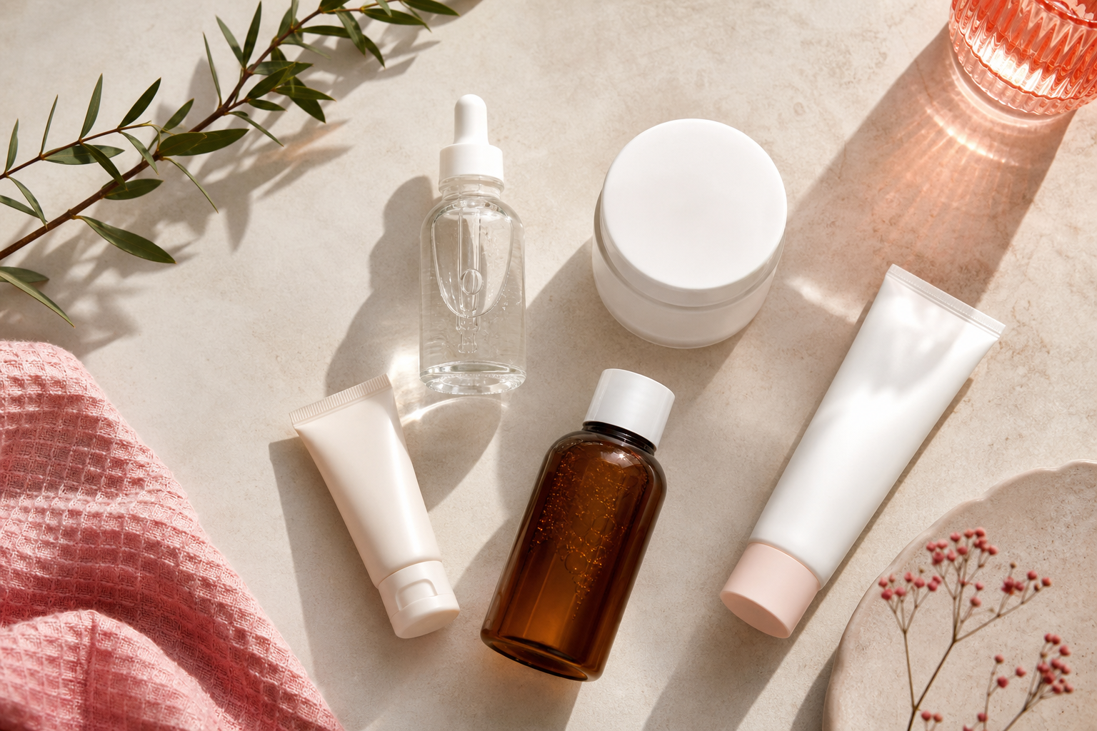 Overhead flat-lay on a soft neutral background (off-white or pale sand) featuring 4–5 different niacinamide-containing products — a clear serum dropper bottle, a white moisturizer jar, an amber toner bottle, a small cleanser tube, and a sunscreen tub