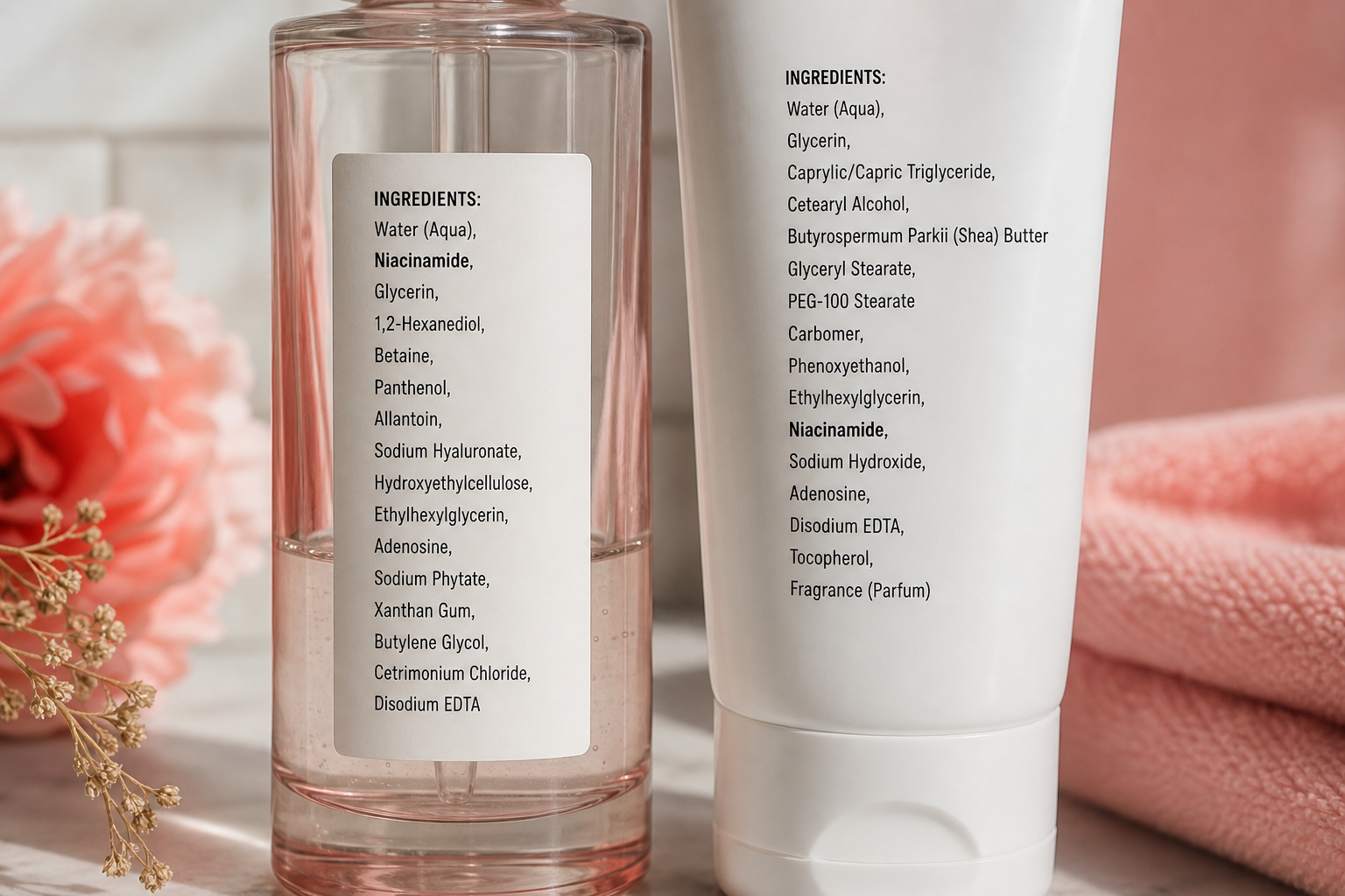 Close-up macro shot of two product back panels side by side, ingredient lists clearly visible. On the left, a serum where "Niacinamide" appears as the 2nd or 3rd ingredient (after water/aqua). On the right, a moisturizer where "Niacina