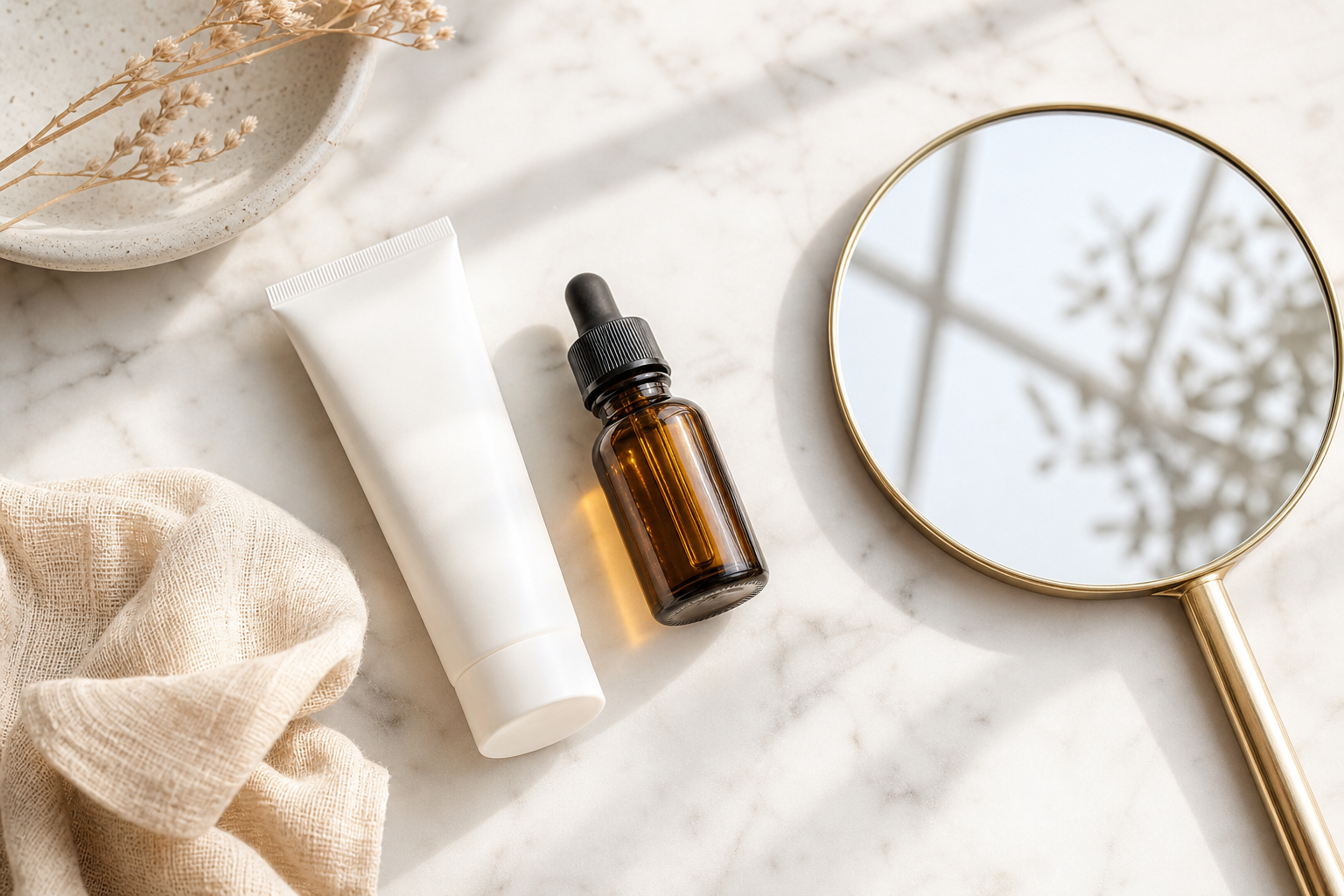 Soft, clinical-but-warm flat-lay on white marble — a fragrance-free moisturizer tube, a small amber dropper bottle of jojoba oil, a folded muslin cloth, and a hand mirror reflecting soft natural light. No skin shown.