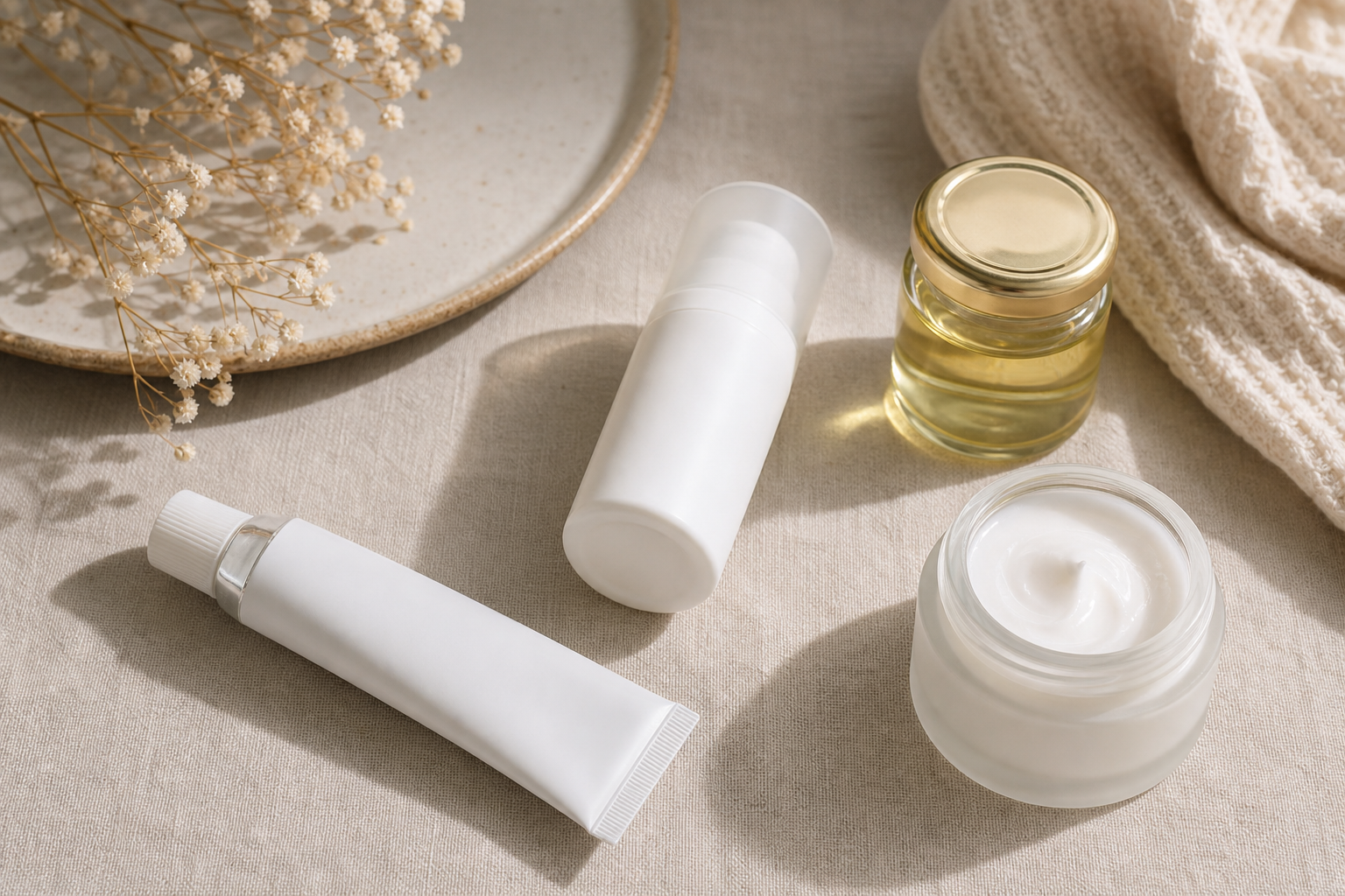 Product flat-lay on neutral linen surface — one tretinoin-style tube, one OTC adapalene-style bottle, one small jar of jojoba oil, one fragrance-free moisturizer. Labels turned away. Soft daylight.