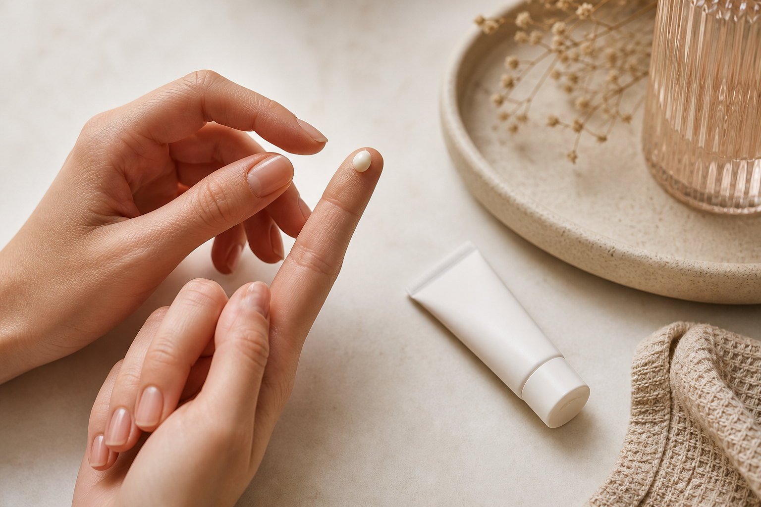 Hands demonstrating a pea-sized retinoid amount on a fingertip against a neutral background, with a small fragrance-free moisturizer tube beside it. No face shown.