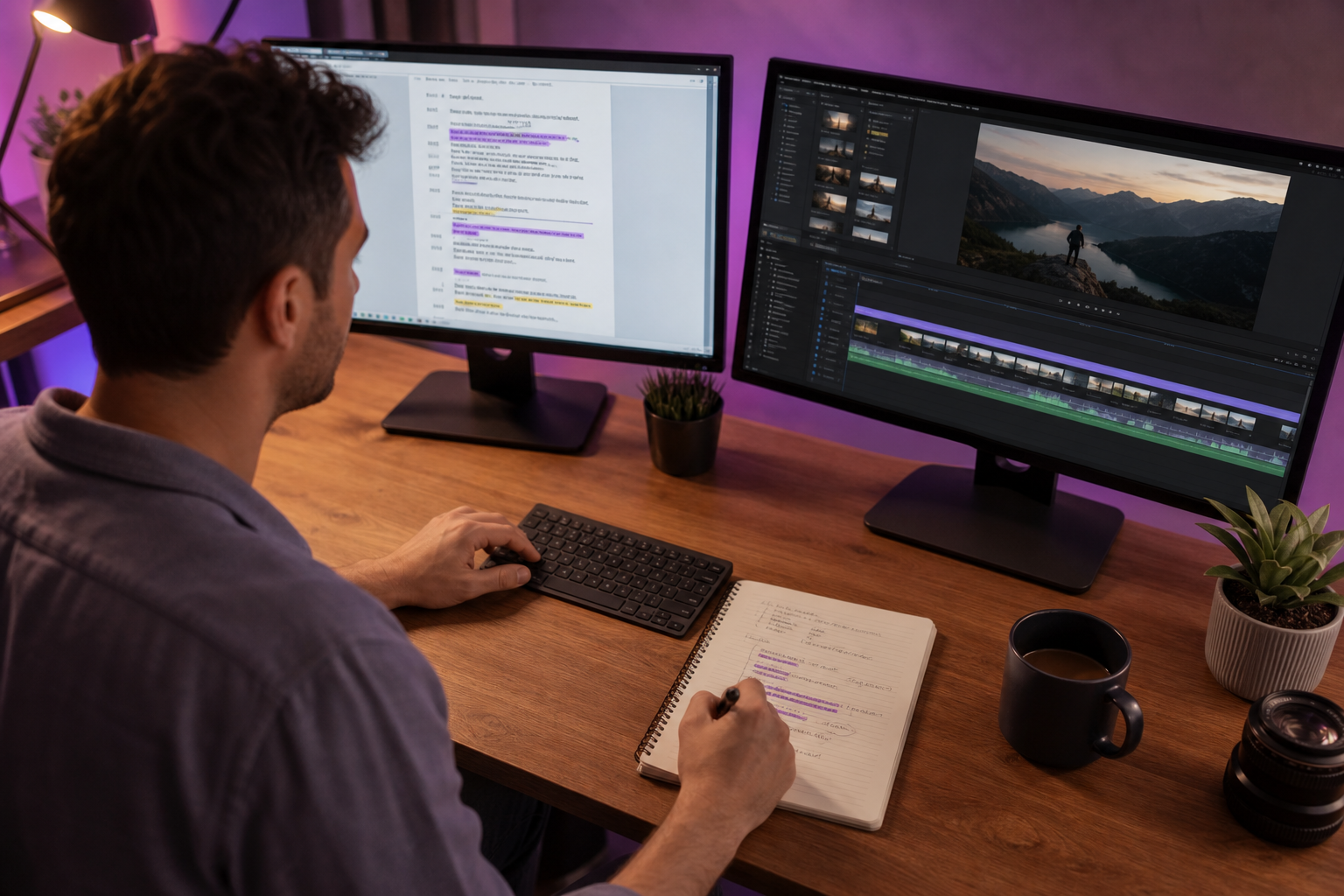 A creator at a desk, dual monitors visible — left screen shows a script document with highlighted text, right screen shows a video editor timeline. Warm overhead lighting, mug, notebook with handwritten edits visible. Slightly overhead angle.