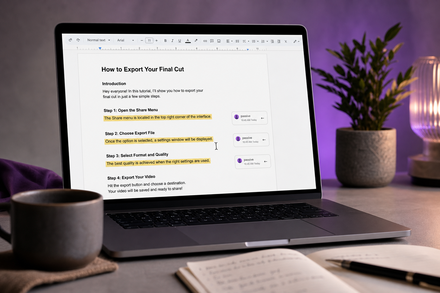 Screen capture of a Google Docs script with three sentences highlighted in yellow, comment bubbles in the margin tagging "passive" with arrows. Visible cursor mid-edit. The script topic is a YouTube tutorial titled "How to Export Your