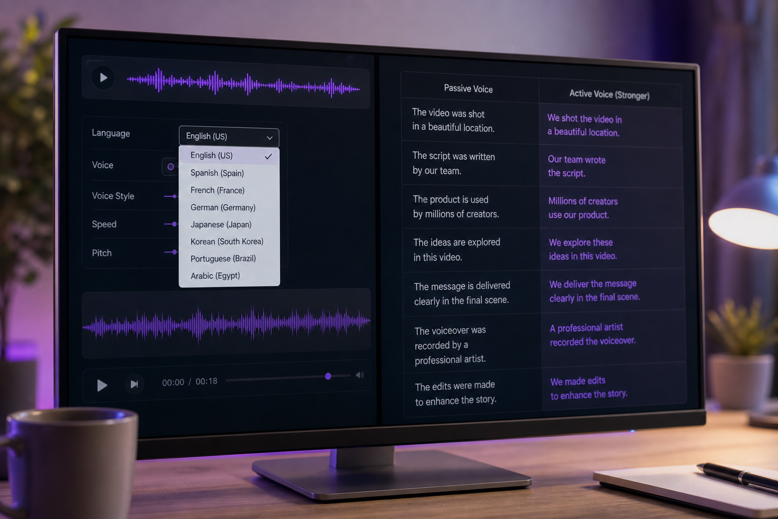Split-screen monitor showing a TTS interface on the left (waveform visible, language dropdown showing multiple languages) and a script on the right with active-voice rewrites highlighted. Close-up angle on the screens, slight bokeh on background work
