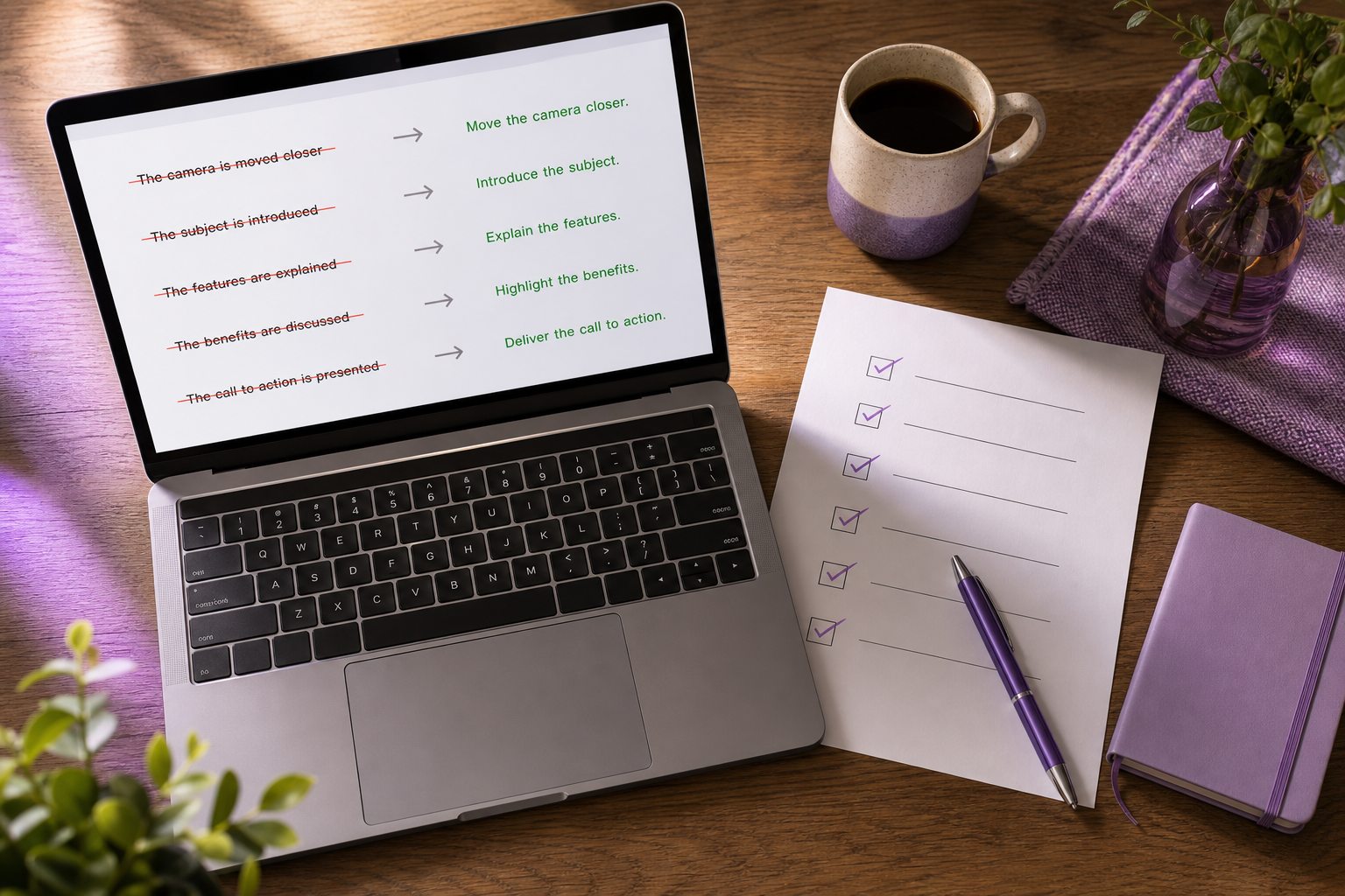 Overhead flat-lay on a wooden desk — laptop open showing a script with red strikethroughs and green active rewrites, a printed checklist beside it with several items ticked off in pen, coffee mug, and a small notebook. Warm, natural daylight.