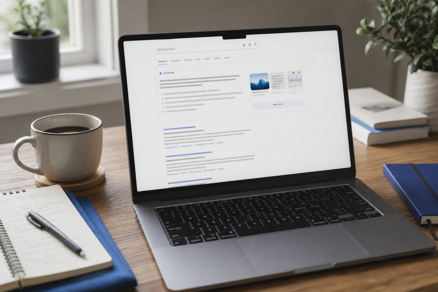 A laptop screen displaying a Google search results page where an AI Overview box dominates the top half of the screen, with traditional blue links pushed far below the fold. Shot from a slight overhead angle in a small home office setting (coffee mug