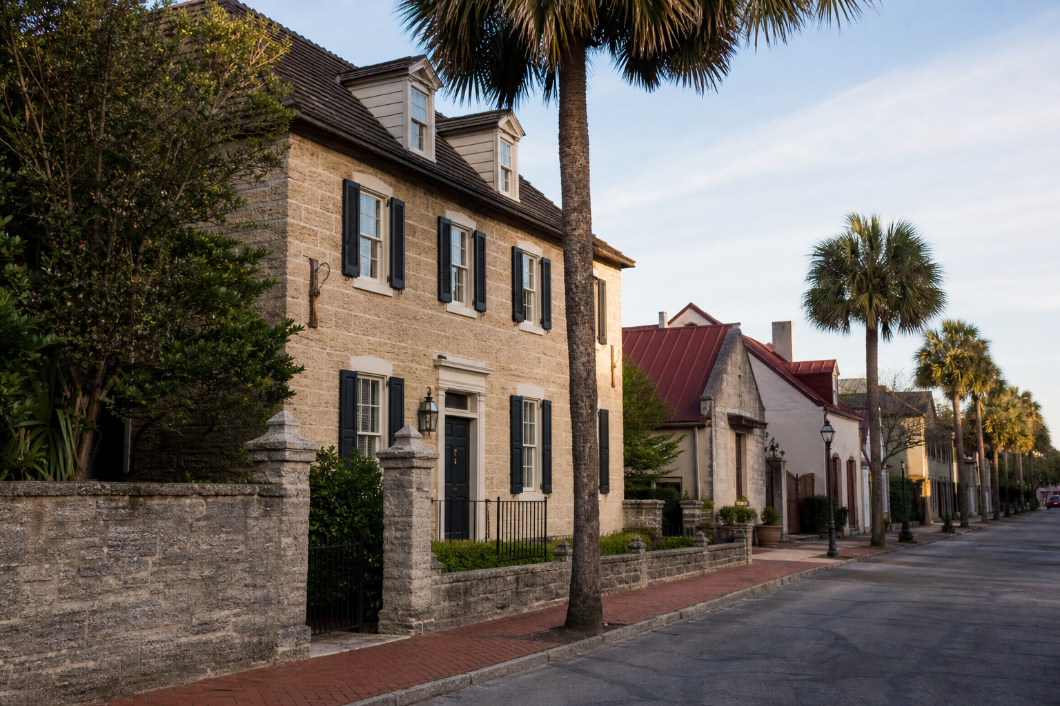 Wide street-level shot of a brick-lined block in Saint Augustine's Historic District. Coquina-walled colonial home in foreground, palm trees, narrow street, late-afternoon light. Caption: "Saint Augustine's Historic District: where a $400K listi