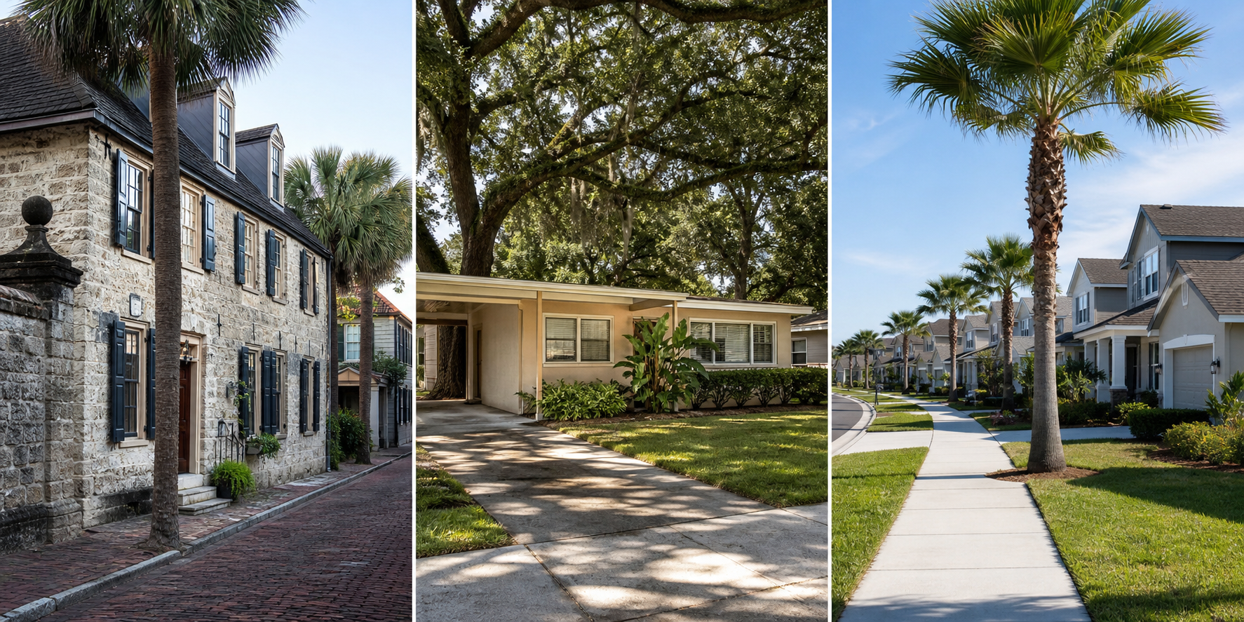 Three-image horizontal composite. Image 1: Historic District coquina-walled colonial on a narrow brick street. Image 2: San Marco Avenue mid-century bungalow with carport and mature oaks. Image 3: Nocatee planned-community streetscape with sidewalks,