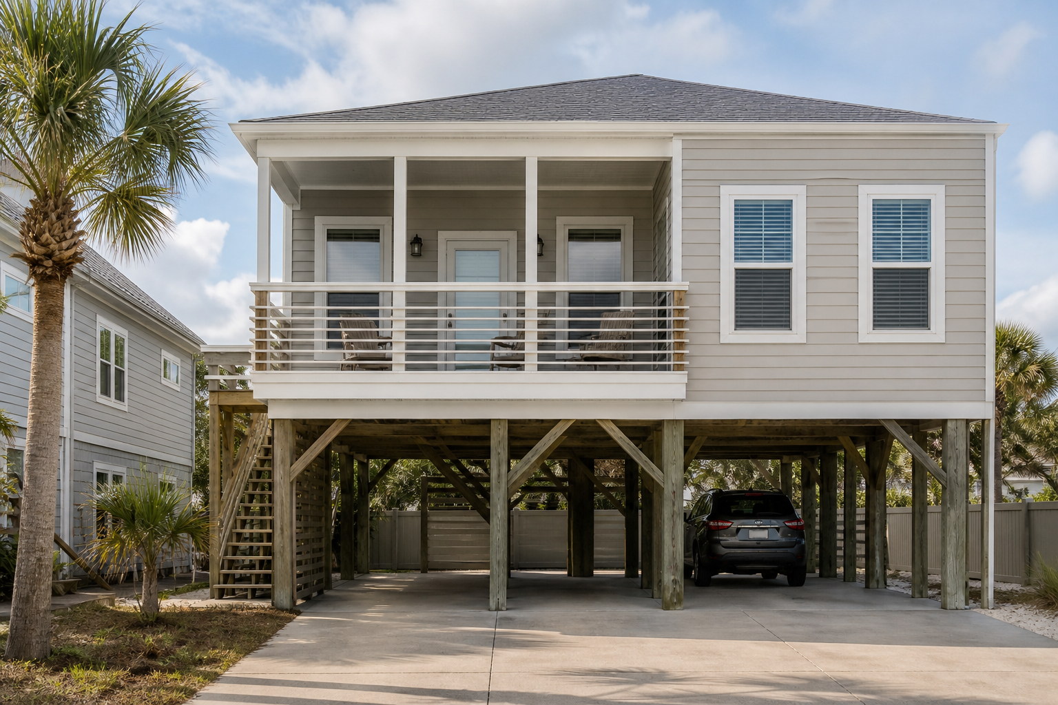 Elevated single-family home in St. Augustine with pilings or block-pier construction lifting living floor 6–10 feet above grade, parking pad underneath. Caption: "AE-zone construction in Vilano Beach. The pilings under that carport are the reaso