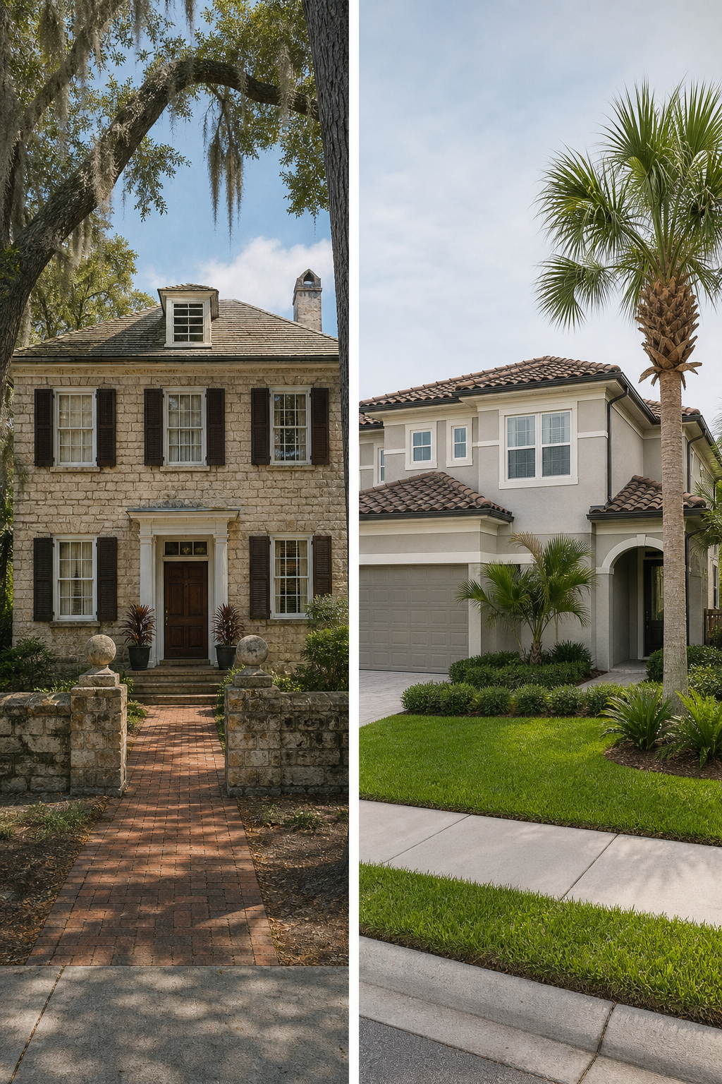 Side-by-side composition. Left: 1920s two-story colonial in Historic District — coquina wall, wood shutters, brick walkway. Right: 2018-era Nocatee home — stucco, two-car garage, palm landscaping, sidewalk. Same vertical framing for both. Caption: &q