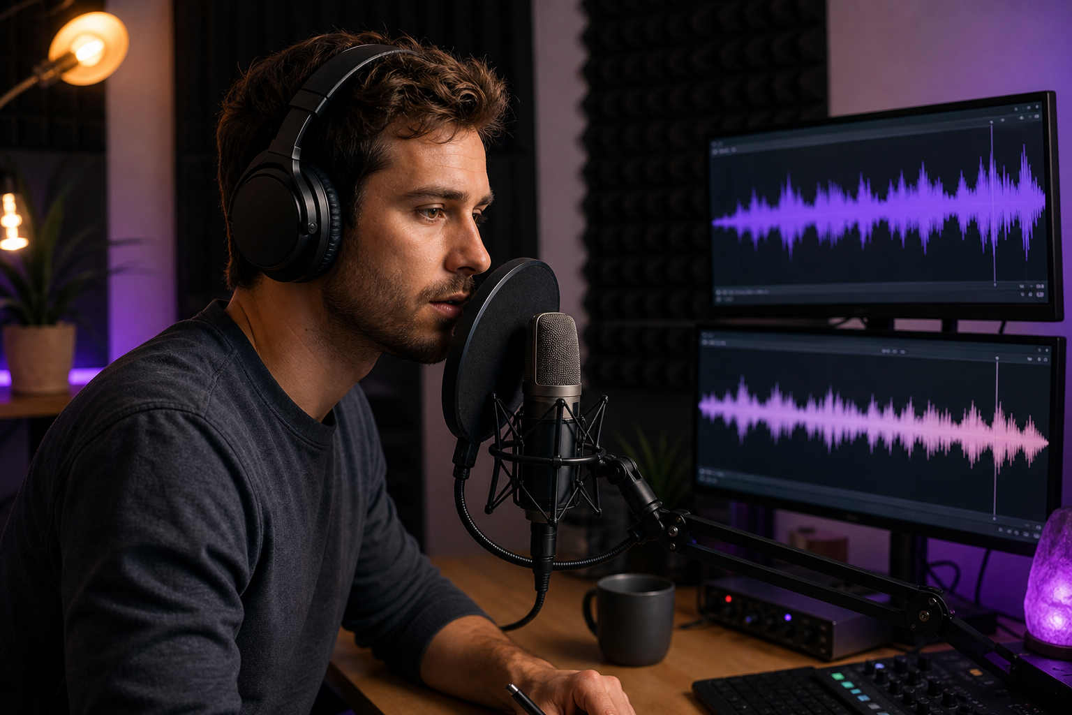 Creator a una scrivania dello studio domestico indossando cuffie closed-back, proteso verso un microfono a condensatore con pop filter. Due monitor mostrano due forme d'onda parallele — una clip audio di riferimento in alto, la loro ripresa sotto. Luce chiave calda da sinistra, pannelli acustici