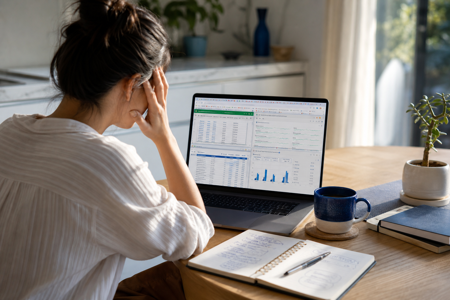 A solopreneur at a kitchen-table workspace, laptop open with multiple browser tabs visible (spreadsheets, keyword tools), coffee mug, notebook with scribbled notes. Late-afternoon natural light. Conveys the "drowning in tabs" pain point.