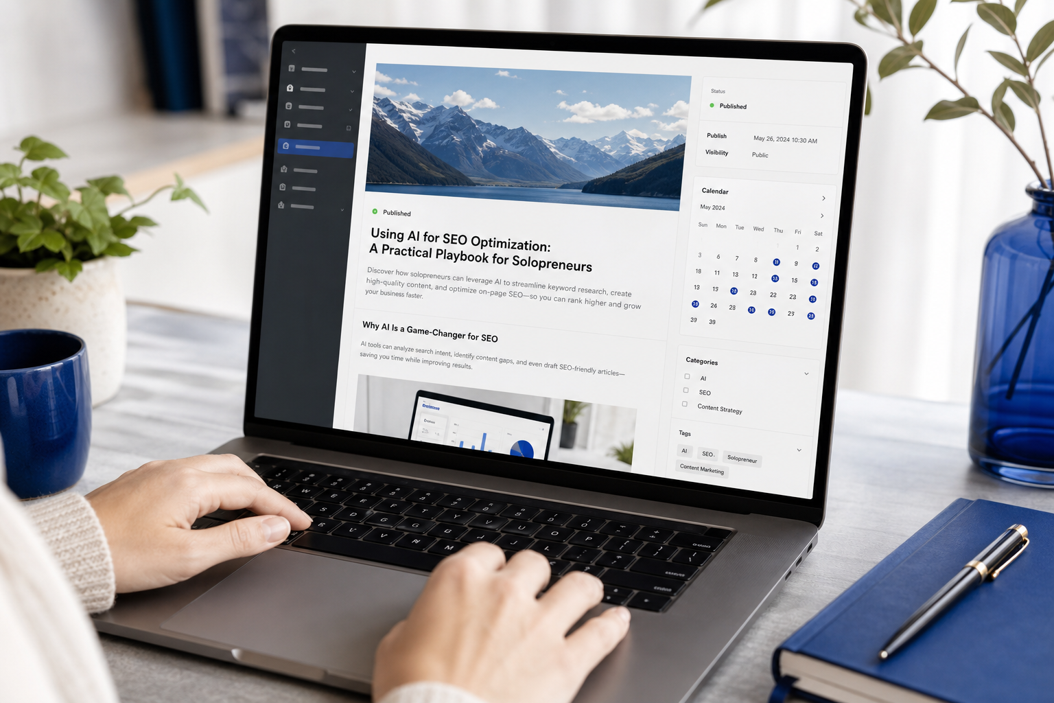Close-up of a laptop screen showing a published blog post in a clean CMS dashboard (Webflow or WordPress style), with a calendar widget visible showing daily publishing cadence. Hands lightly on the keyboard, suggesting a quick review rather than hea
