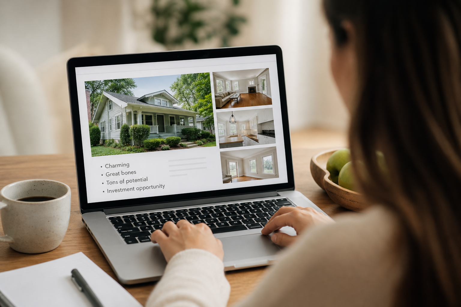 A laptop screen showing a real estate listing page with the phrases "Charming," "Great bones," "Tons of potential," and "Investment opportunity" visible in the description text. Shot from over the shoulder, war