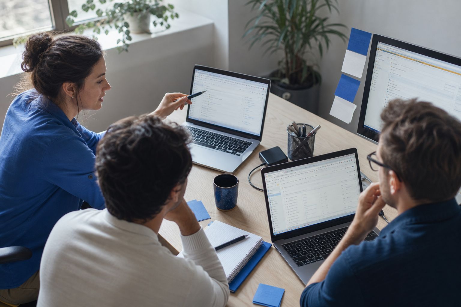 A small marketing team of two or three people clustered at a shared desk with three laptops open, multiple browser tabs visible on each screen, sticky notes stuck to the side of one monitor, mid-afternoon light coming through a window. One person mid