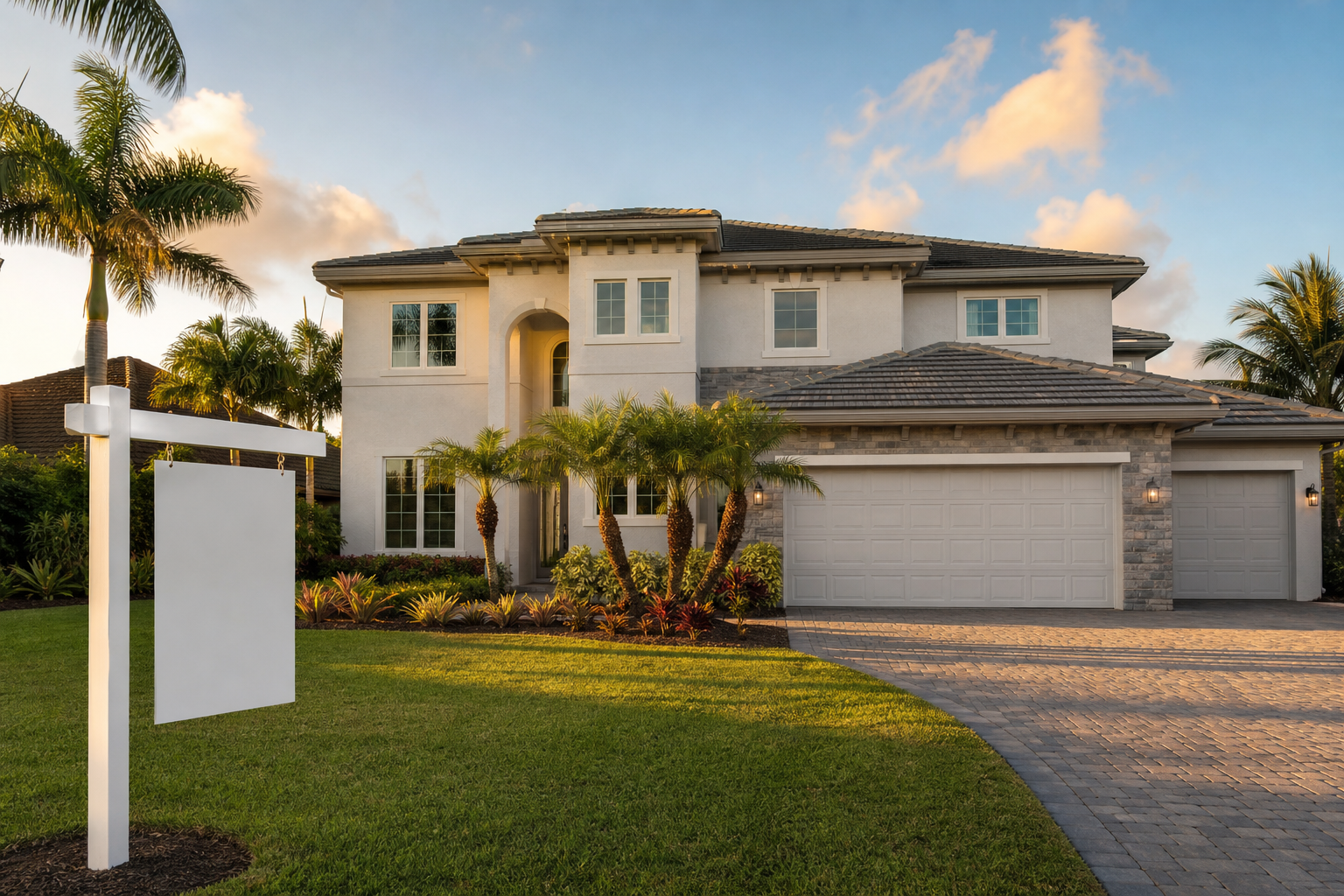 A single-family home exterior at golden hour — two-story Florida-style home with mature landscaping, paved driveway, and a "For Sale" sign in the foreground. Slightly low angle so the home dominates the frame. Real listing photo aesthetic,