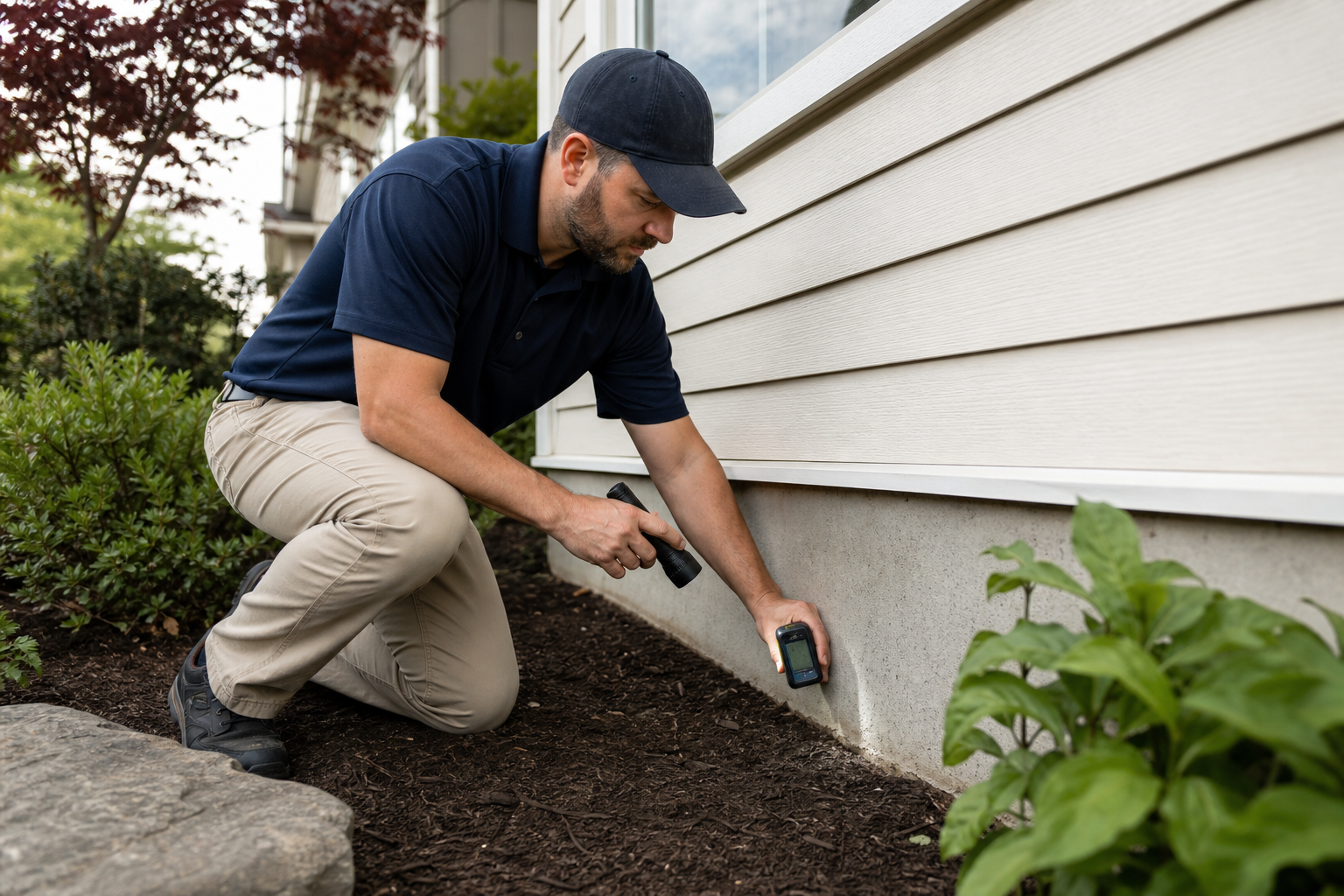 A home inspector in branded polo shirt and ball cap, kneeling at the base of an exterior wall, examining foundation and grading with a flashlight and moisture meter. Mid-action, slightly tilted angle, real exterior — not a staged shoot.
