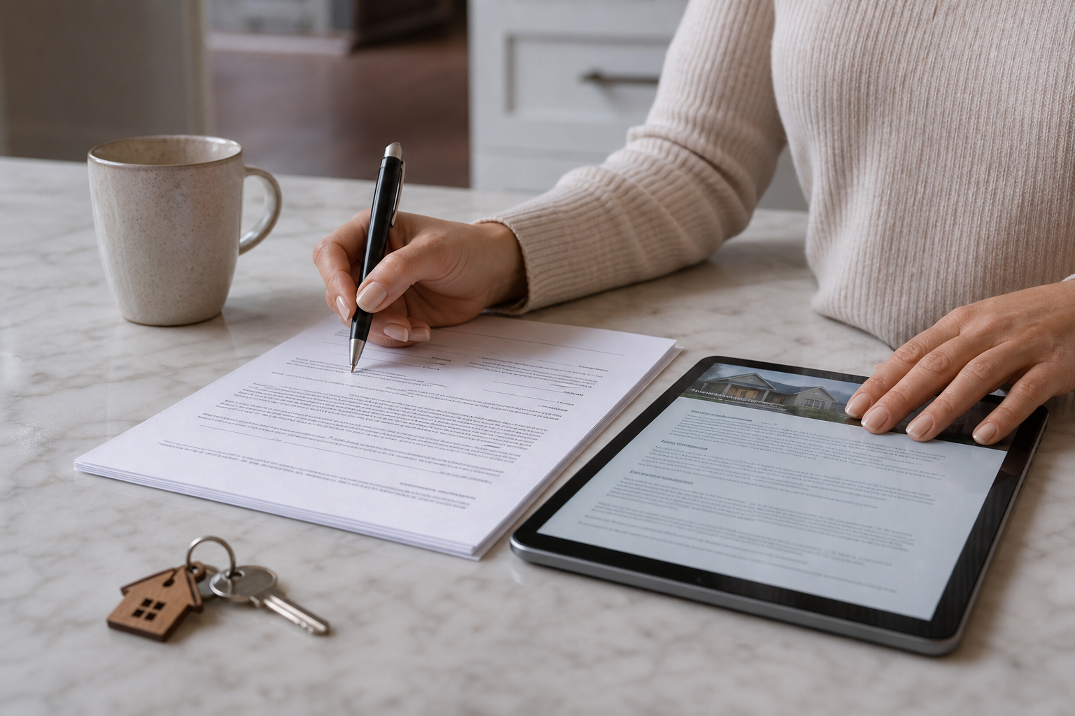 Two hands at a kitchen counter — one holding a pen above a printed purchase offer, the other resting on a tablet showing a mortgage pre-approval letter. Documents look real (not template stock), countertop has a coffee mug and house keys in soft focu