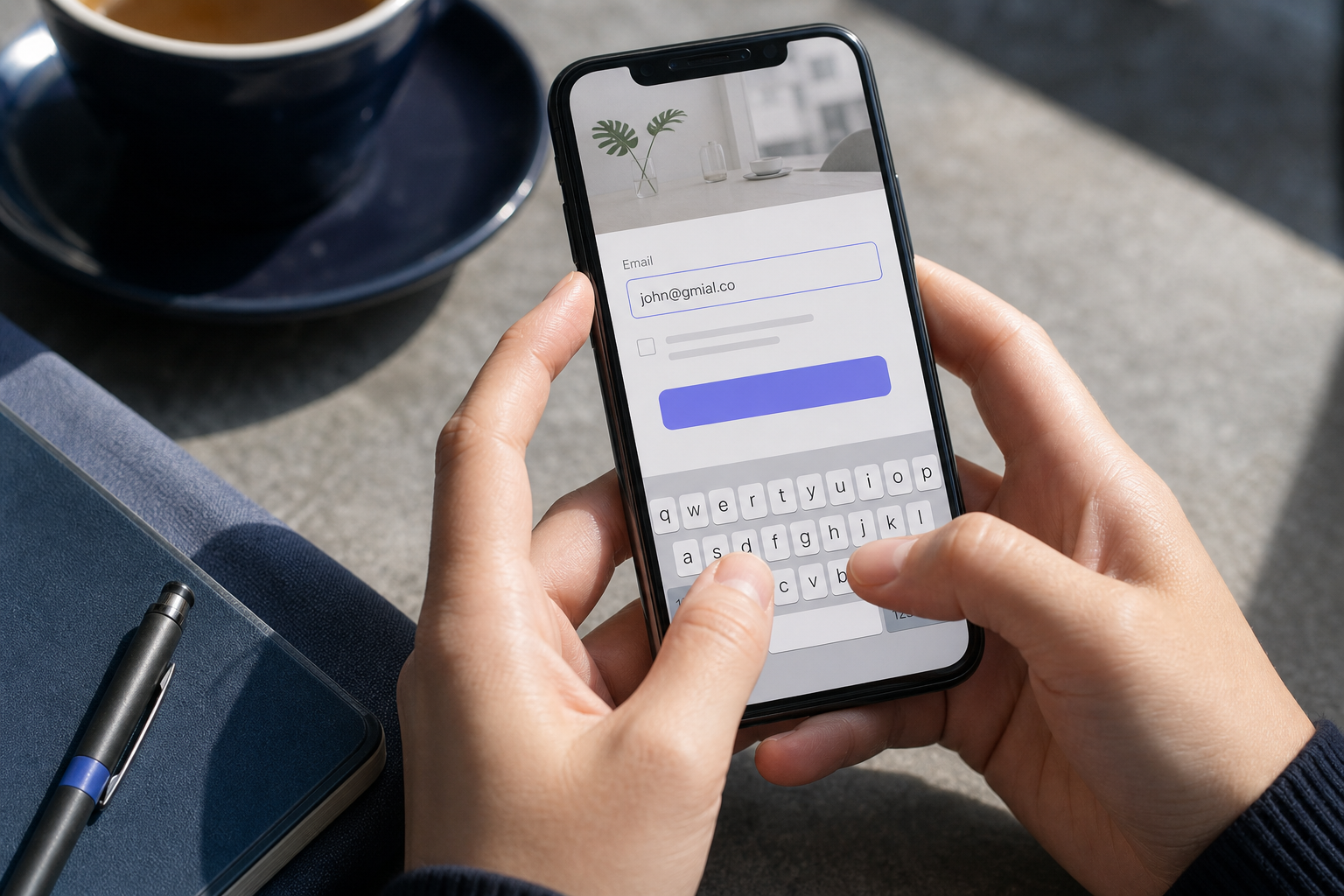 Gros plan vue de dessus des mains d'une personne tapant sur un smartphone, avec le champ e-mail d'un formulaire d'inscription visible à l'écran montrant une adresse partiellement saisie ("john@gmial.co"). Mise au point douce, lumière naturelle, cadre de café ou de bureau. Le typo est 