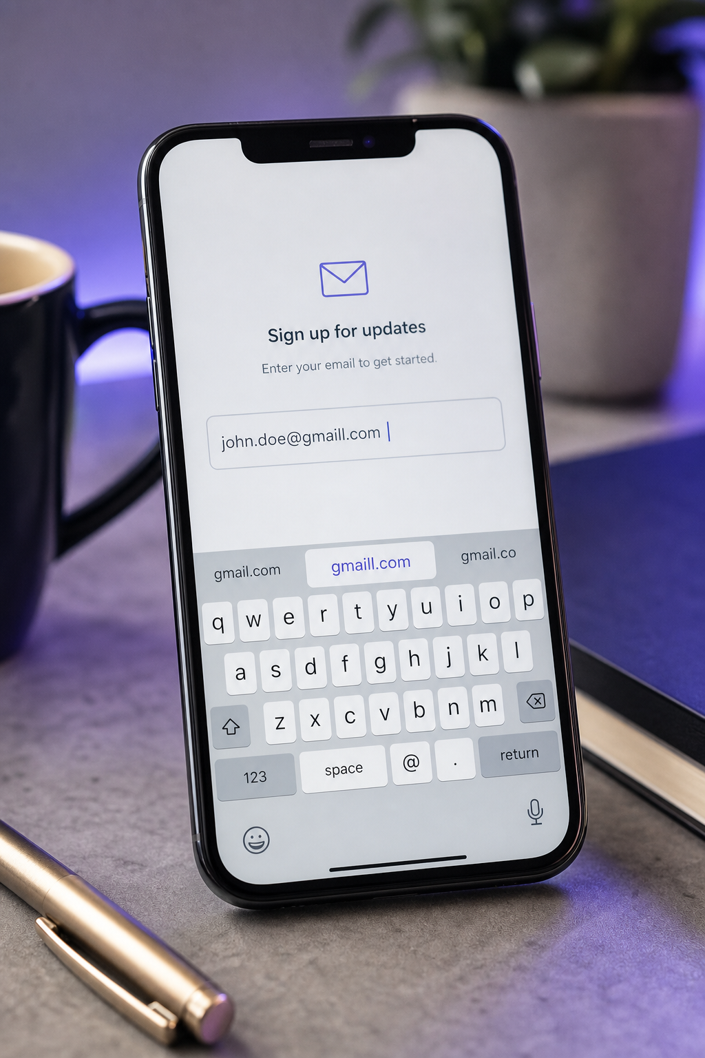 Téléphone mobile en orientation portrait sur un bureau, écran montrant un champ d'inscription e-mail avec la barre de suggestion de correction automatique iOS ou Android visible au-dessus du clavier, suggérant un mot incorrect sur un e-mail partiellement tapé. Prise de vue légèrement angulée, doit