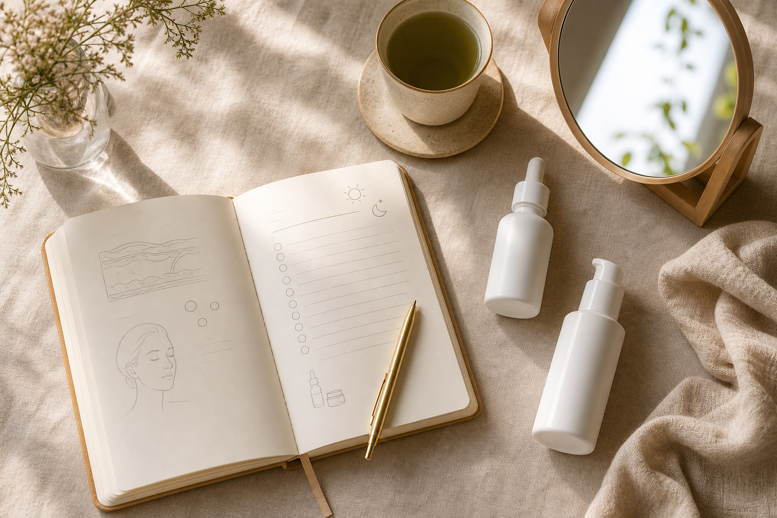 Overhead flat-lay on warm beige linen background — a clean, modern bathroom counter scene with a single notebook open to handwritten skincare notes, two unbranded white skincare bottles, a cup of green tea, and a small mirror reflecting natural morni