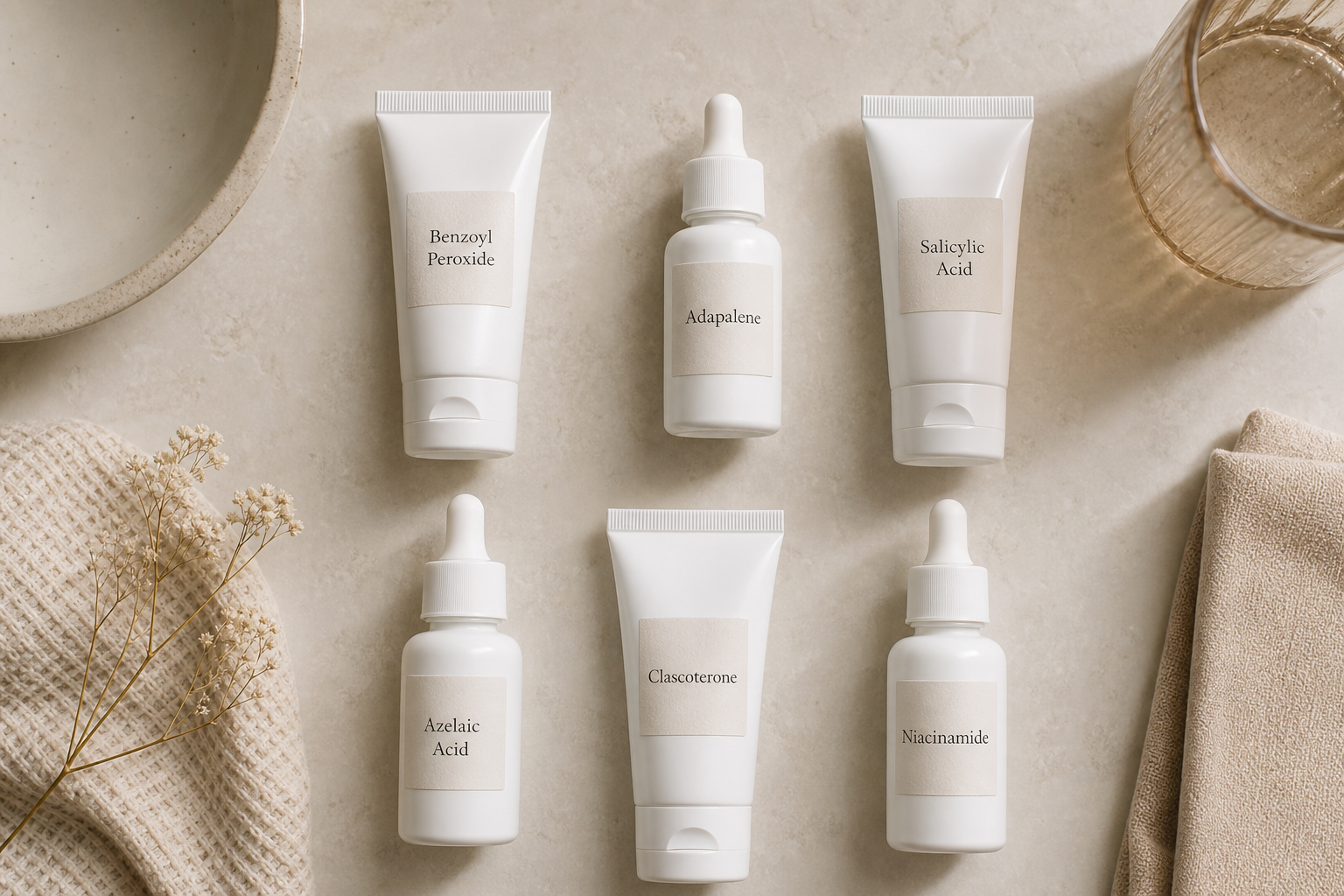 Clean overhead flat-lay on soft neutral background — six unbranded white tubes and dropper bottles arranged in a grid, each labeled simply with the active (Benzoyl Peroxide, Adapalene, Salicylic Acid, Azelaic Acid, Clascoterone, Niacinamide) on minim