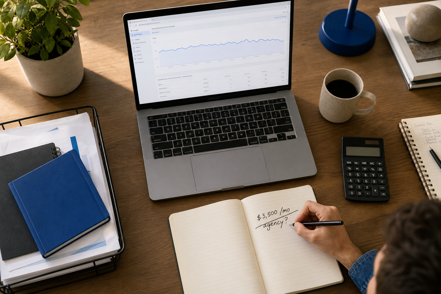 Overhead shot of a small business owner's desk — laptop showing a Google Search Console graph trending sideways, an open notebook with handwritten "$3,500/mo agency?" crossed out, coffee mug, calculator. Warm natural lighting. Conveys the f
