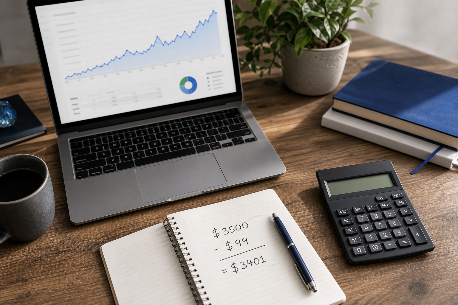 Flat-lay on a wooden desk — open laptop showing a Google Analytics traffic graph trending upward, a notebook with handwritten ROI math ("$3500 - $99 = $3401"), a calculator, a small plant. Mid-morning lighting. Reinforces the "this is 